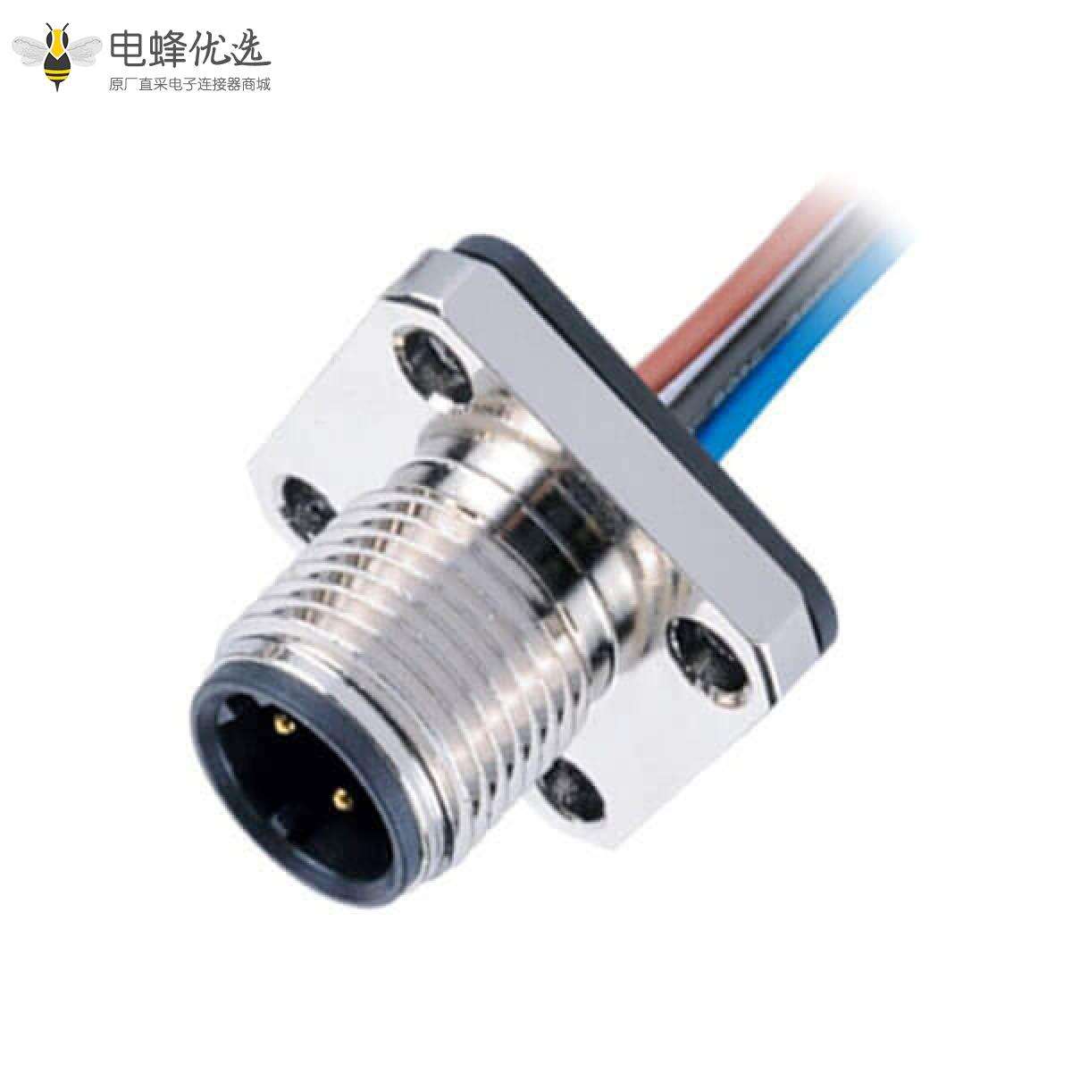 航空接头M12连接器4P A型法兰公座子带线型防水传感连接器