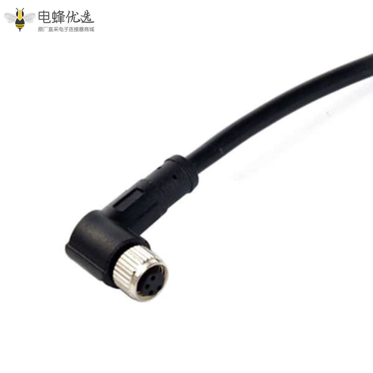 M8 4芯注塑母头连接器90度弯角A型4芯母插头接1米PUR 24AWG屏蔽线