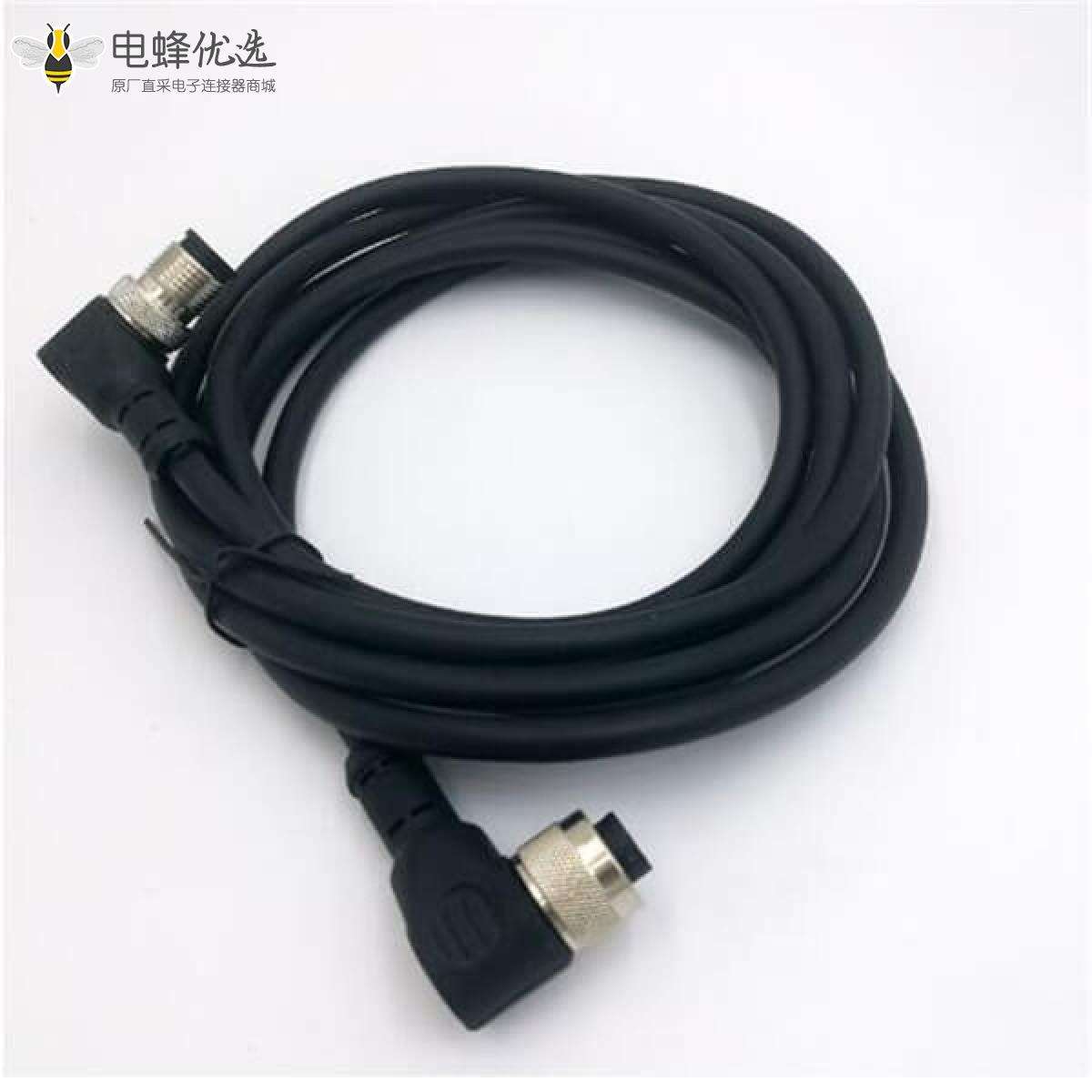 M12电缆弯母头5孔双边带线1米连接器传感器