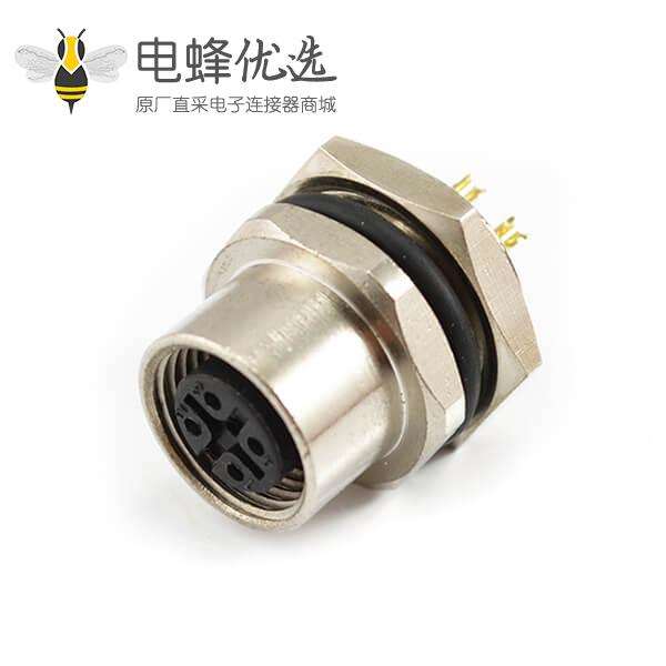 M12 3芯母头后锁板焊线座子工业连接器防水头