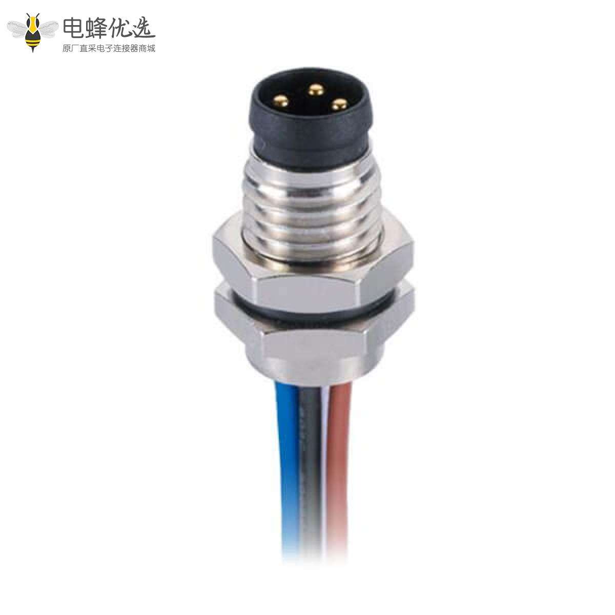 M8 3芯圆头插座A型防水板端前锁焊线式航空连接器接1米24AWG线