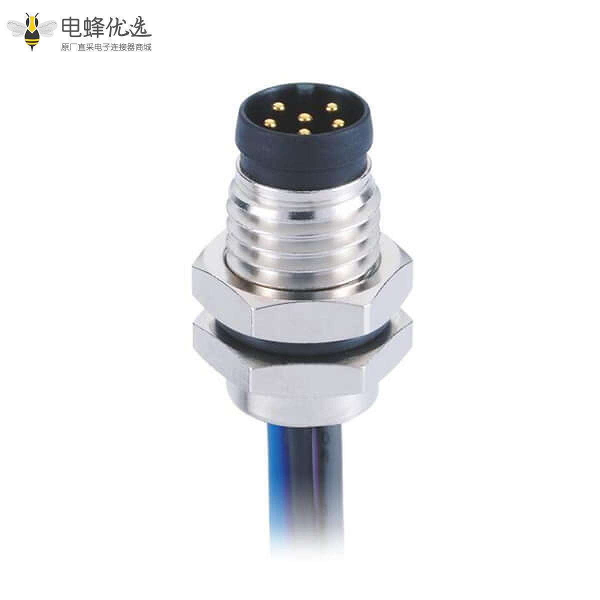 圆形连接器M8 A型板端前锁焊线式6芯公插座连接器接1米26AWG线