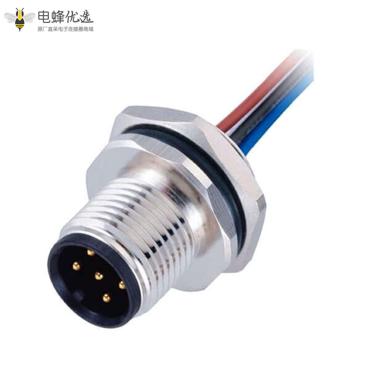 M12 防水连接器5pin A型板端公座后锁焊接带线50CM传感连接器接头