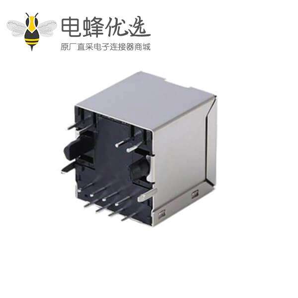 带灯RJ45插座贴片 网口连接器带屏蔽镀镍不带弹片