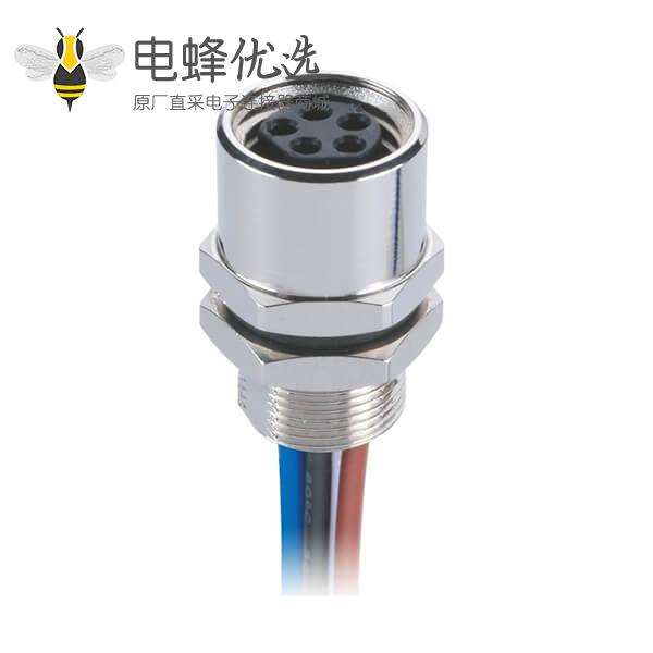 M8后锁5芯板端焊线式传感连接器防水B型母插座传感器接1米26AWG线