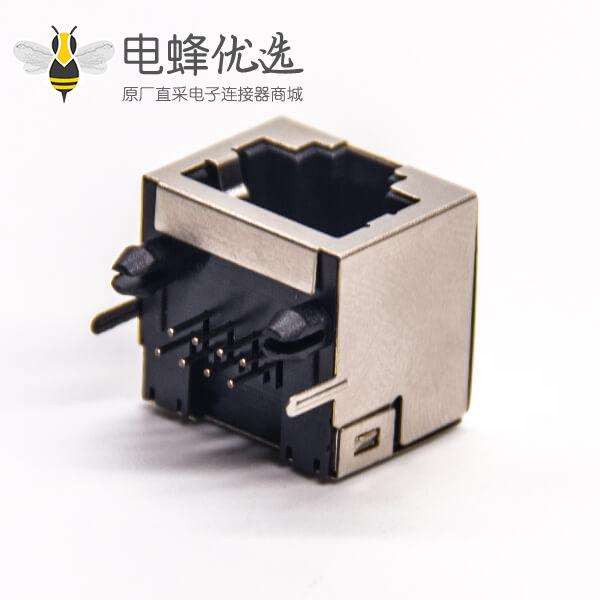 带屏蔽罩rj45单端口8p8c母座穿孔式接PCB板带定位柱