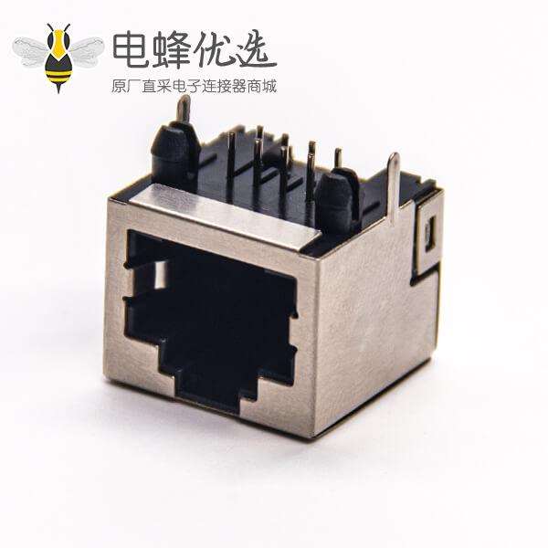 带屏蔽罩rj45单端口8p8c母座穿孔式接PCB板带定位柱