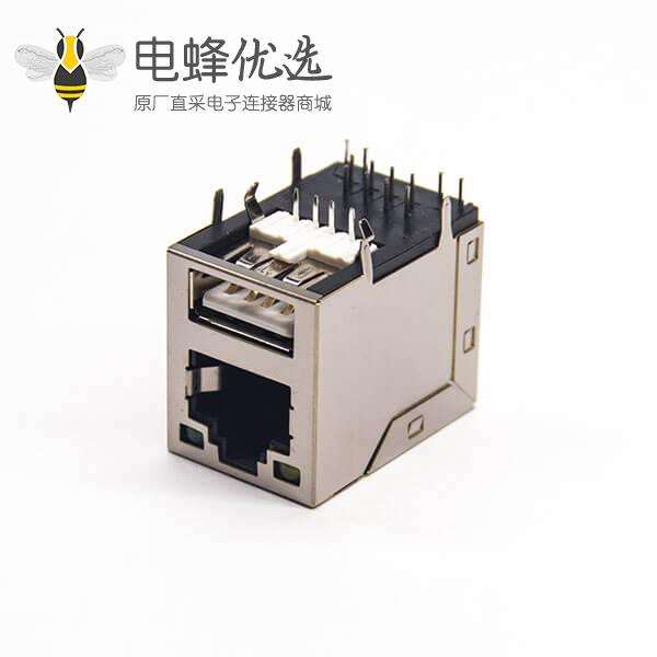 usb2.0 rj45带灯屏蔽式连接器双层加USB2.0连接器90度