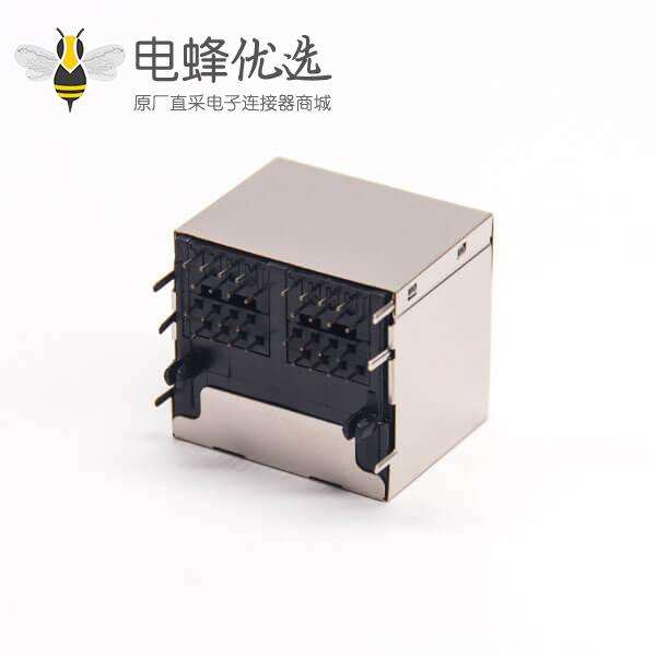 rj45母座2x2端口90度弯式屏蔽式接PCB板穿孔式