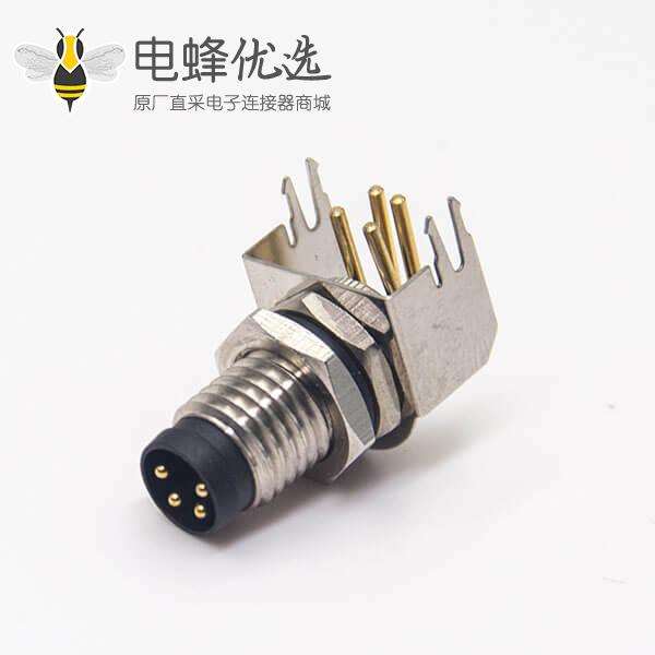 m8防水弯接头4pin公头插座穿孔式屏蔽航空连接器前锁板安装
