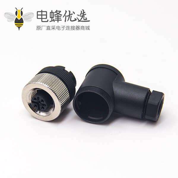 m12组装式90&deg;母弯头4针接线母头防水插头工业连接器