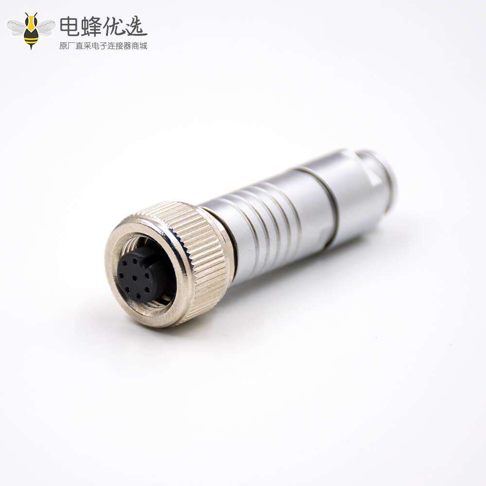 M12母插头8芯防水A扣母头180&deg;组装接头接线连接器带屏蔽