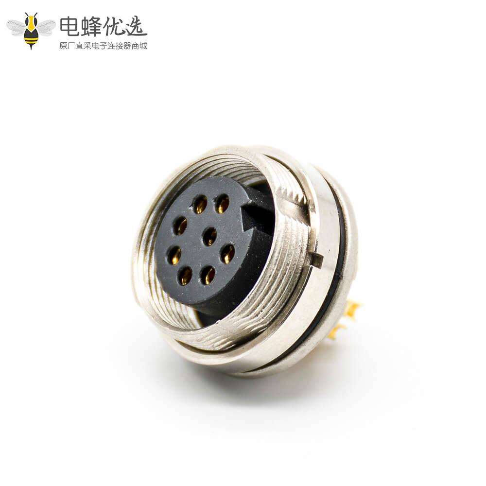 8芯M16连接器母插座接面板前锁板直式焊线带屏蔽