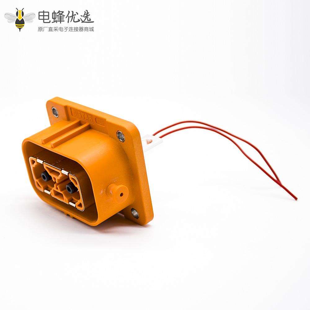 新能源汽车高压连接器2芯6MM塑胶插座A键位铜排5.5通孔直式4孔法兰面板安装