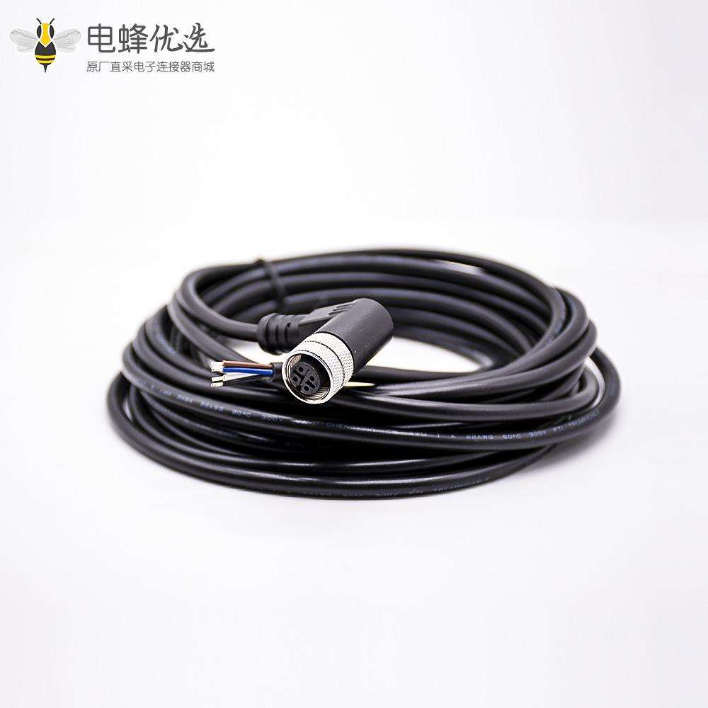 M12连接器4芯A编码母头90&deg;弯头注塑成型式带线5M不带屏蔽