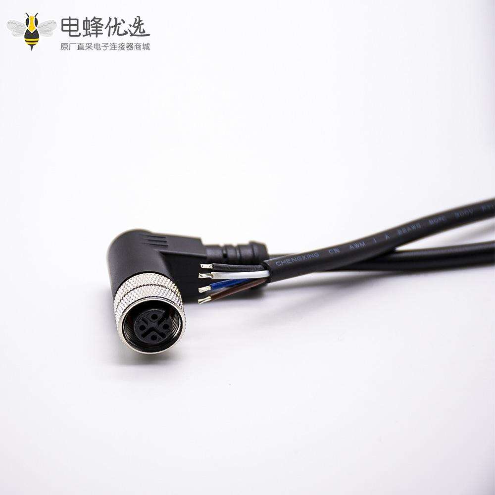 M12连接器4芯A编码母头90&deg;弯头注塑成型式带线5M不带屏蔽
