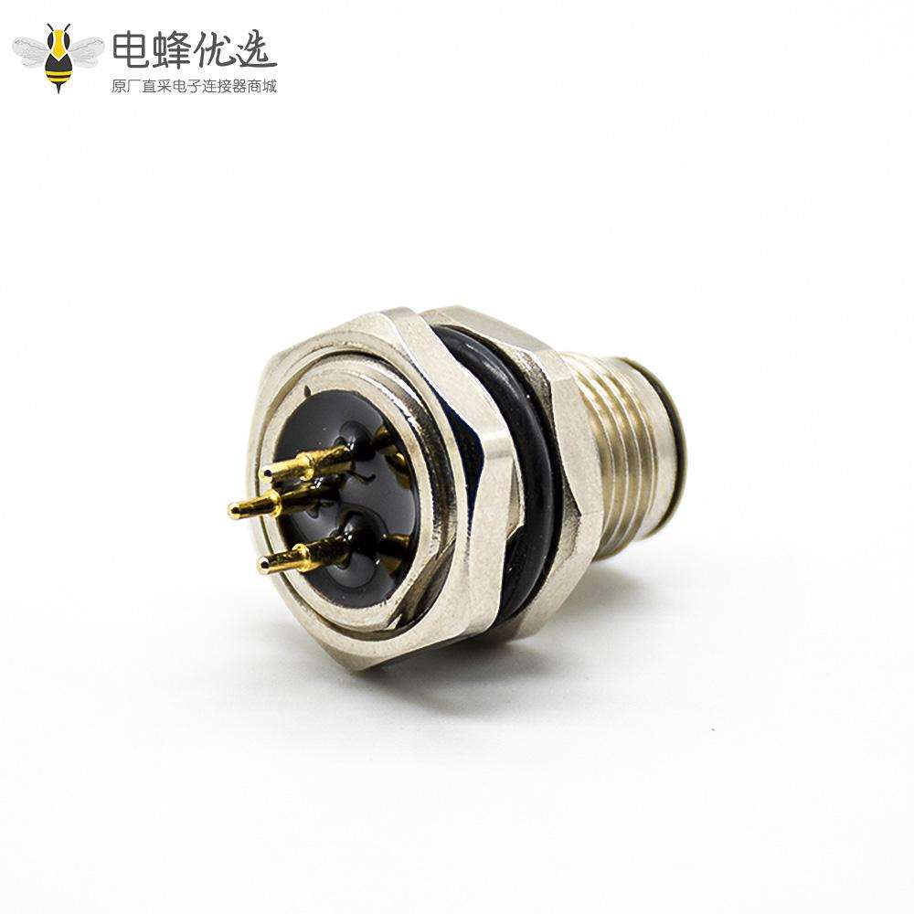 M12连接器PCB板安装A扣180&deg;焊接式后锁板防水3芯公插座