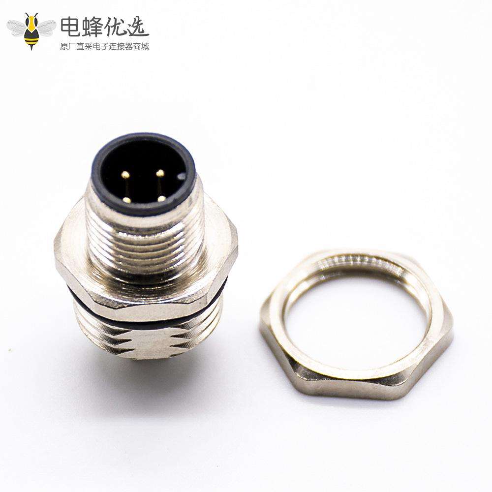 M12 4芯航空头后锁板防水直式A扣板端插座公头焊接式接PCB板