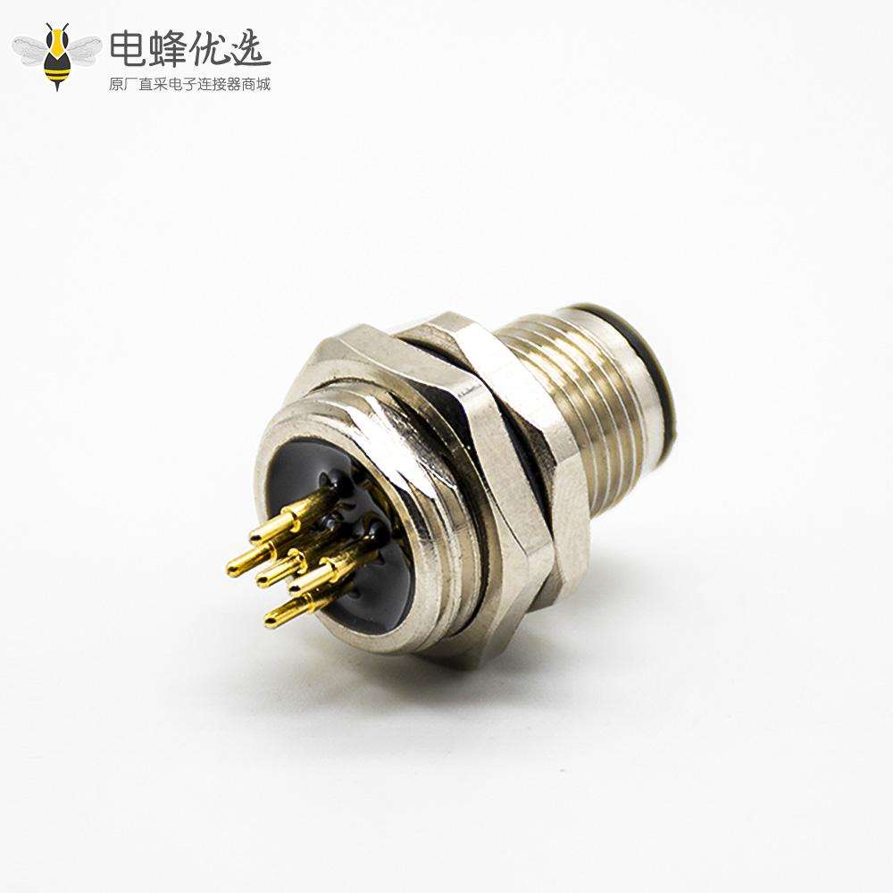 传感器公头插座A扣180&deg;PCB板安装后锁板5芯M12防水连接器