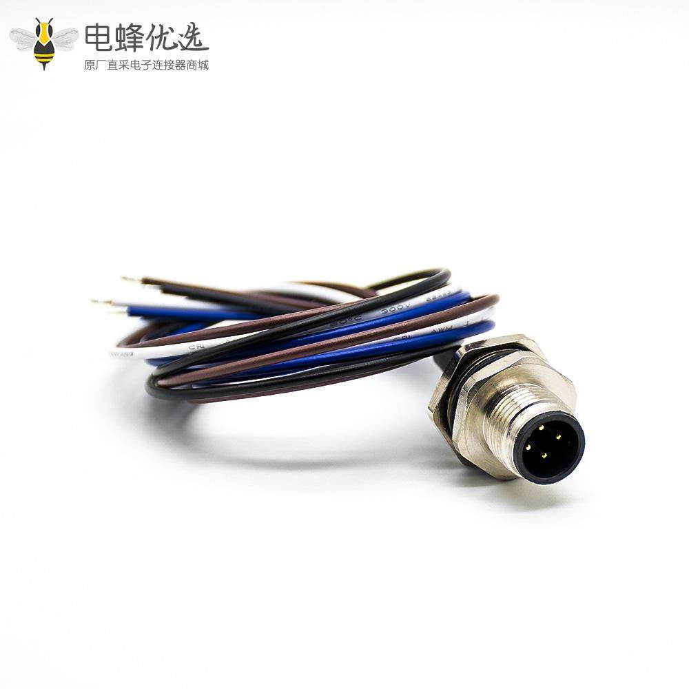 M12公头4针板端插座A扣直式板端焊线0.2M后锁板防水连接器