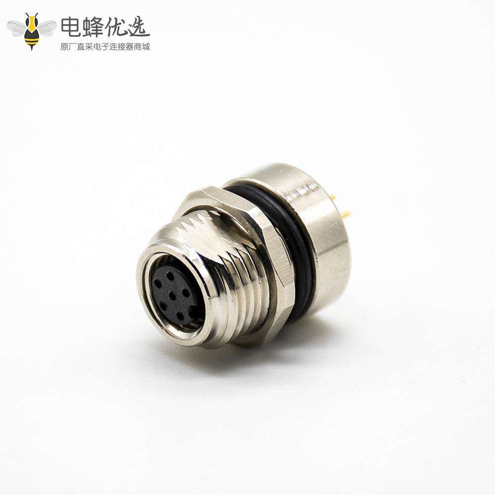 M8防水插座连接器A编码180&deg;6芯母头前锁板接PCB板
