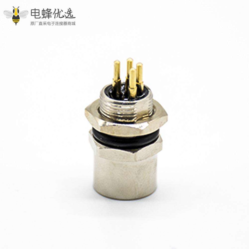 M8航空母插座PCB板安装板端插座防水后锁板4芯传感器连接器