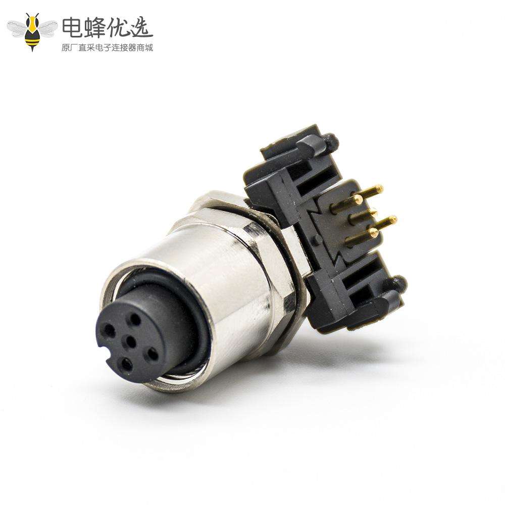 M12防水连接器航空头后锁板5芯母头A扣弯式接PCB板