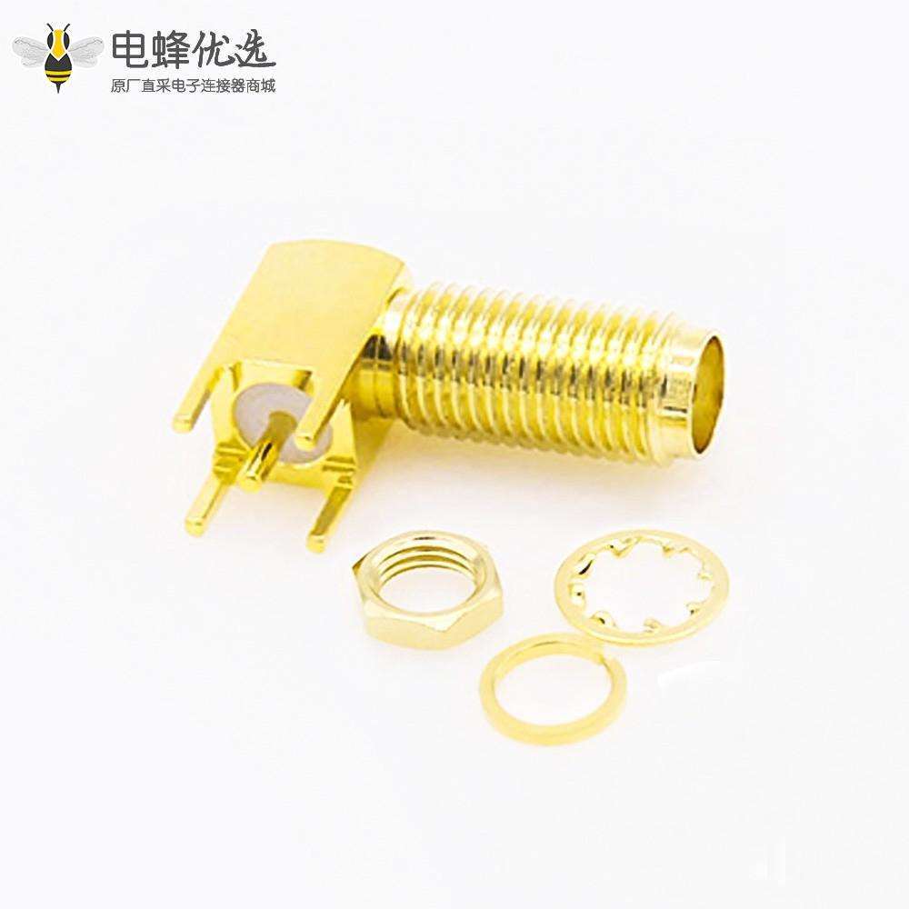 长螺纹弯式SMA母头连接器前锁穿墙用于PCB安装插孔