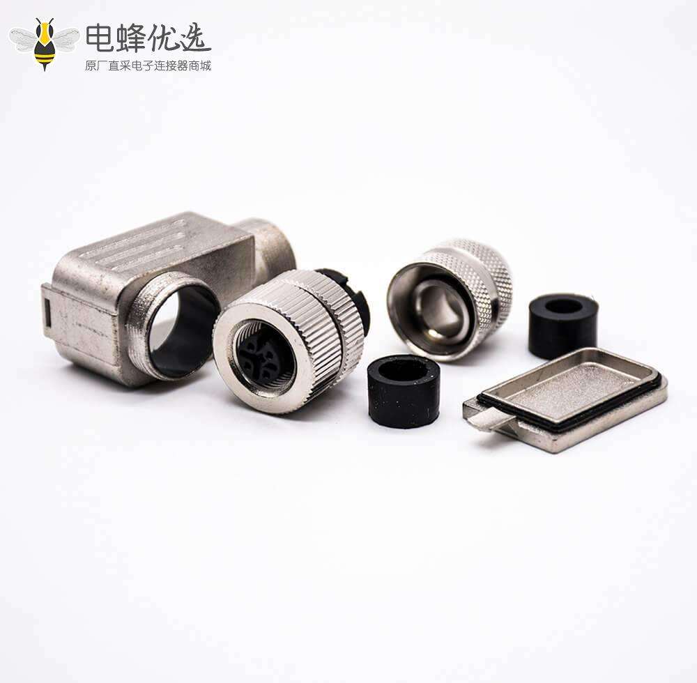 M12连接器5针弯式母头组装接头A扣螺丝锁线带屏蔽金属外壳