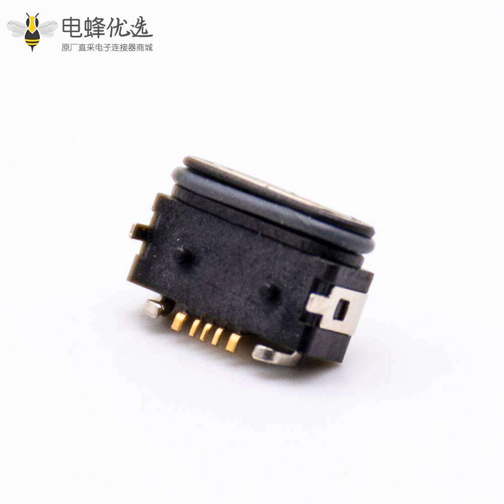 MICRO USB母座防水5芯B型不带耳朵前插后贴IPx8板上型底部有插脚电流3A