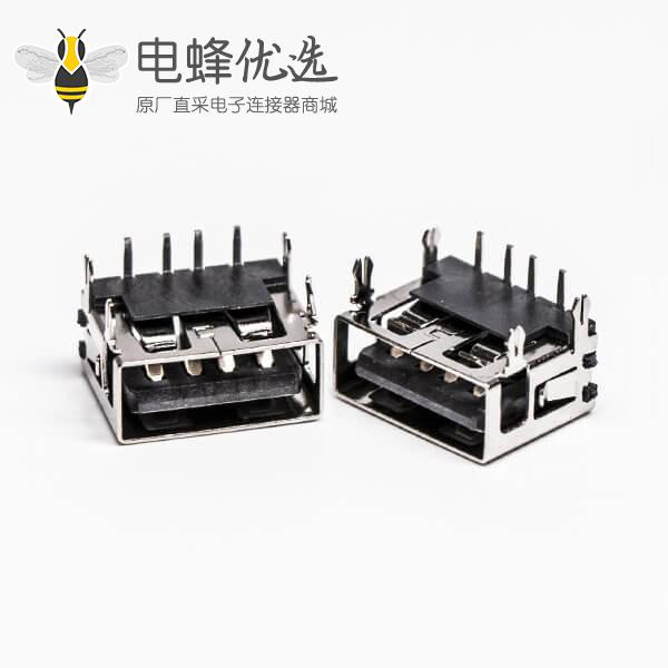 2.0usb弯母座封装黑色胶芯带鱼叉脚插板