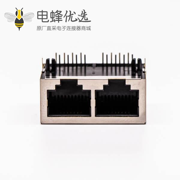 rj45插座 双口铜壳无灯90度带屏蔽母座接PCB板