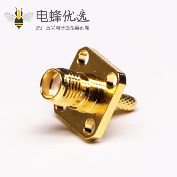 SMA四孔法兰接头母头180度直式压接同轴线缆防水