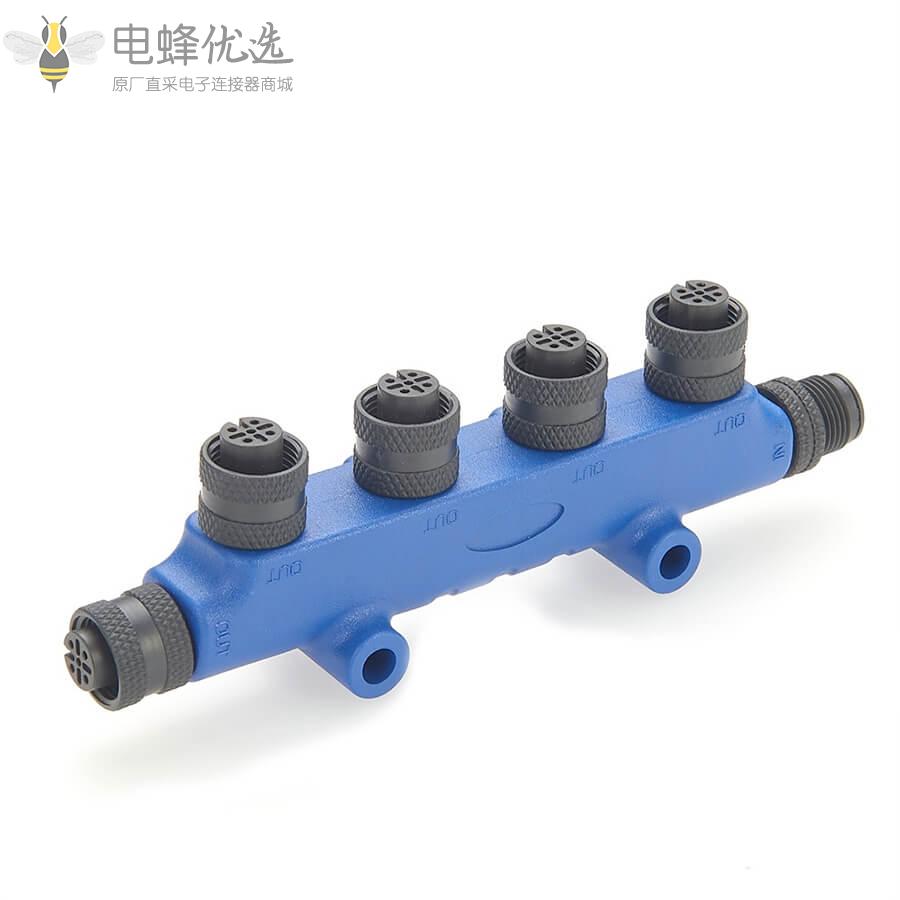 船用级产品NMEA_2000四通多端口T形连接器5个M12母头5芯转5芯公头