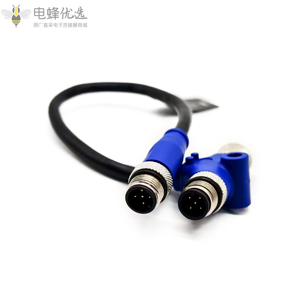 M12防水连接器NMEA_2000_5芯公头转母头直式转5芯公头船用电源线M12_T型分线接0.5米电缆