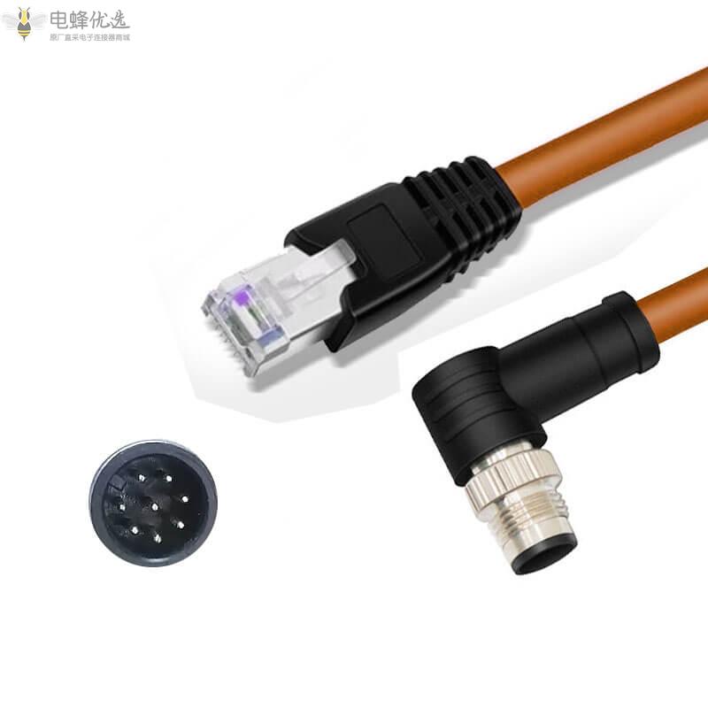 M12转RJ45网线Cat6千兆高柔双屏蔽M12_8芯A扣公弯头转RJ45公头橙色双绞线