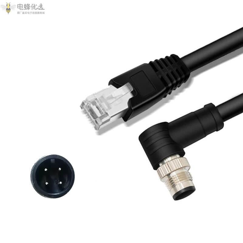M12转RJ45网线Cat6千兆高柔双屏蔽M12_4芯A扣公弯头转RJ45公头黑色双绞线