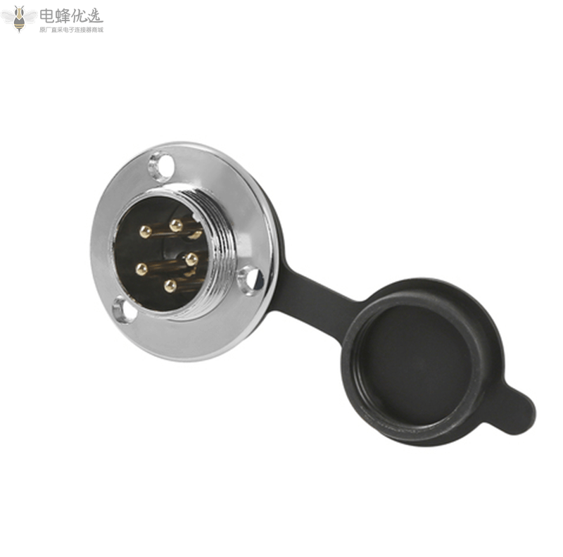GX16_5芯公头航空连接器16mm螺纹3孔法兰插座带橡胶灰尘盖