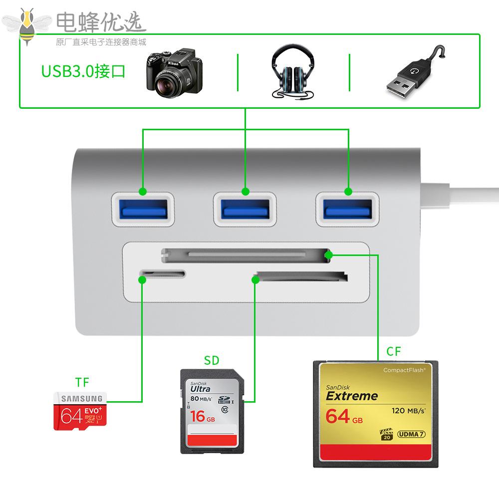 Rocketek集线器USB3.0分线器HUB一拖三SD/CF/TF卡读卡器拓扩展坞