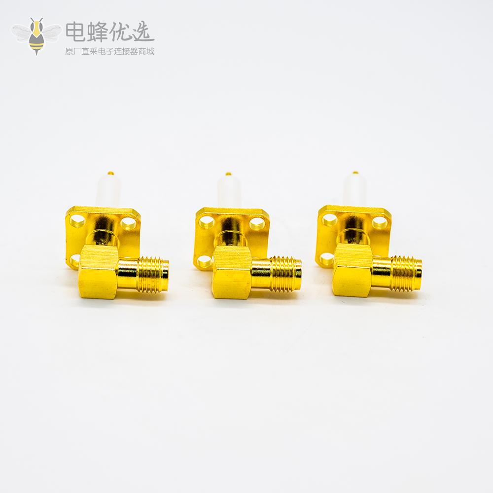 有线电视连线接头弯式SMA母头插座镀金带延长铁氟龙4孔法兰安装