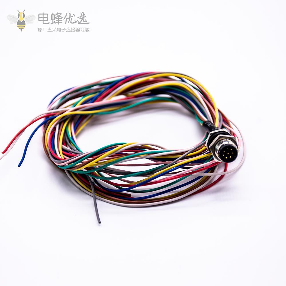 圆形连接器M8 8芯插座防水A型板端前锁焊线式M8公座接1米26AWG线