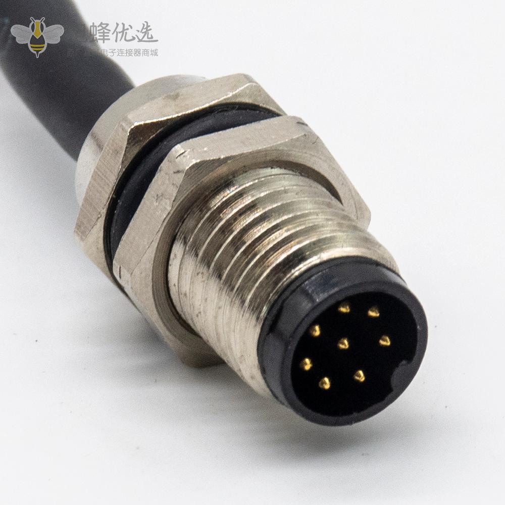 圆形连接器M8 8芯插座防水A型板端前锁焊线式M8公座接1米26AWG线