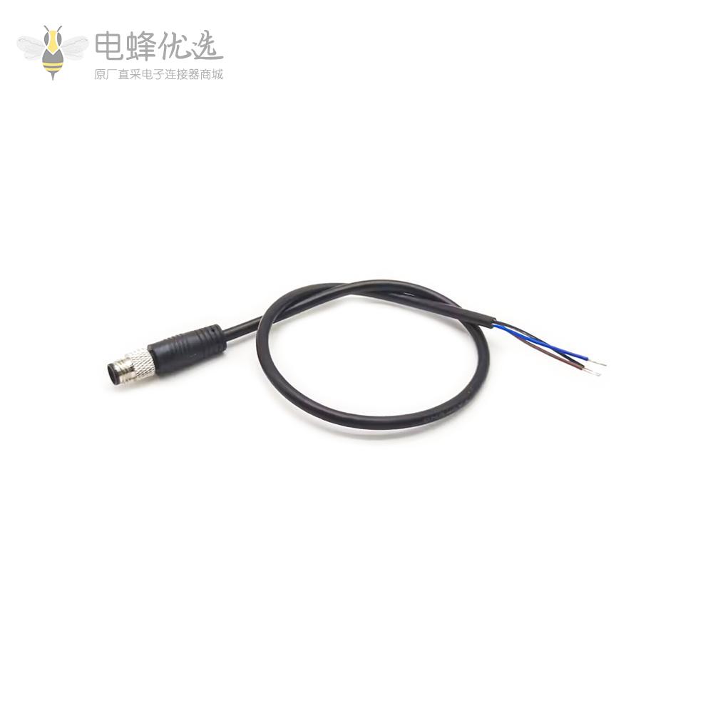 M8 3芯公头注塑螺纹对接式M8插头焊线1米24AWG线