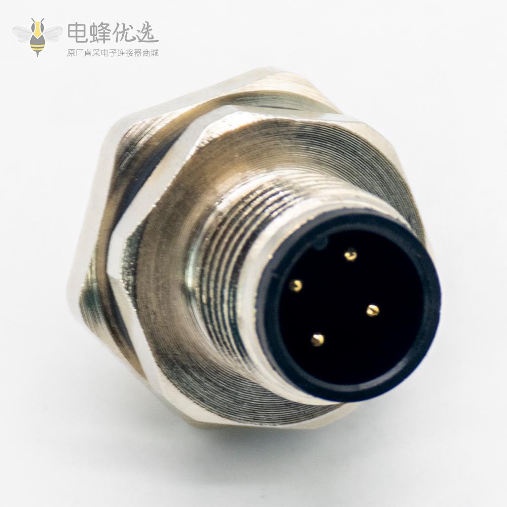 M12 防水连接器航空头4芯A型板端公座PCB插板式后锁工业防水传感连接器