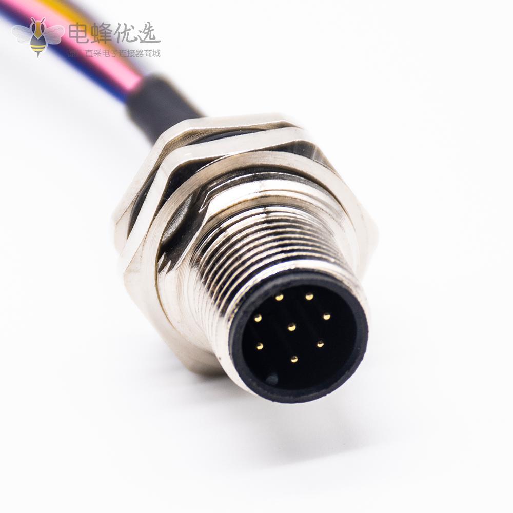 工业防水插头M12 8芯前锁板焊线座子带线1M