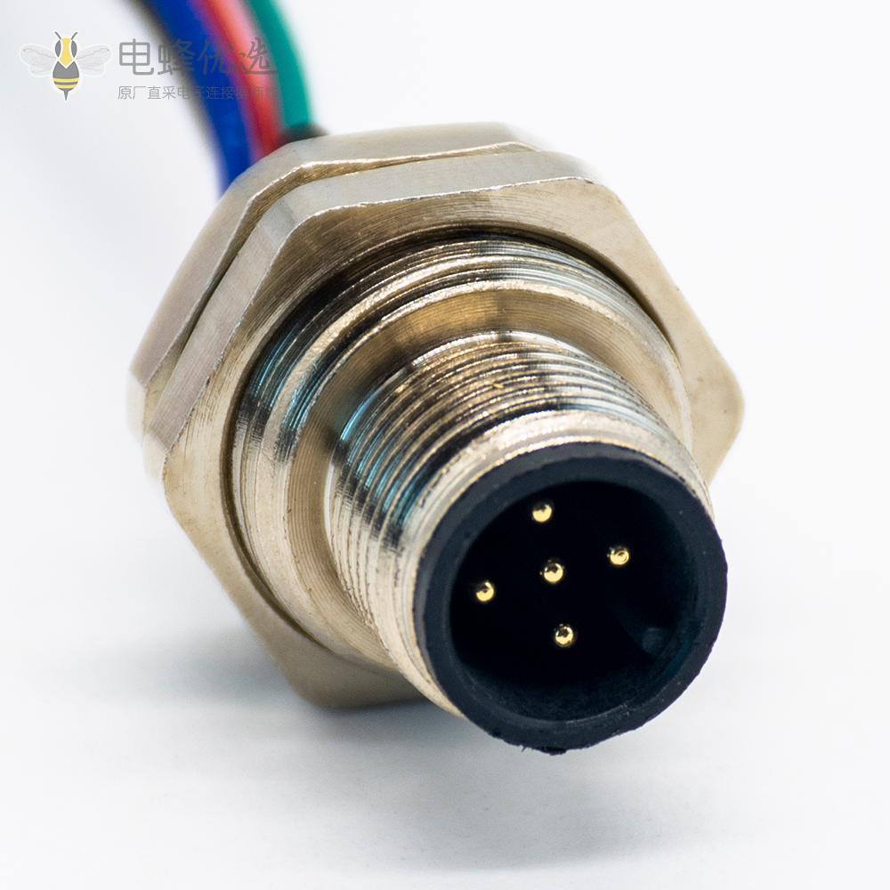 圆形连接器M12 5芯公头前锁板焊线座子转 5Pin 端子 线长30CM