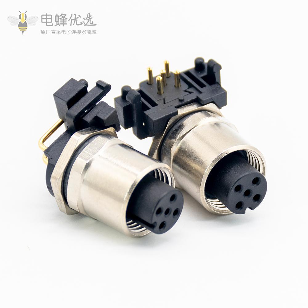M12防水连接器航空头后锁板5芯母头A扣弯式接PCB板